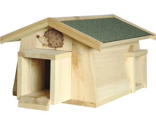 Igelhaus Mecki mit zwei Eingängen 54x35x26 cm - Robustes Igelhaus aus Holz in Grün, ideal für den Garten und bietet Igeln einen sicheren Rückzugsort.
