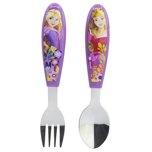 STOR Kinderbesteck Set 2-teilig Disney Prinzessinnen Edelstahl Gabel und Löffel mit dekoriertem Griff BPA-frei für Kinder