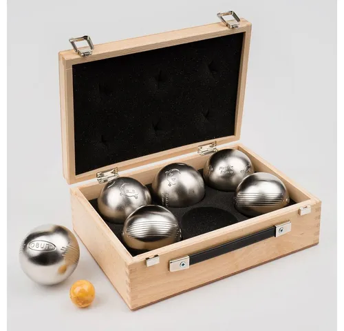 Obut Spielball Boule Pétanque - Original französische Stahlkugeln im Holzkoffer - Erleben Sie das Boule-Spiel mit den Obut Pétanque-Kugeln aus rostfreiem INOX-Stahl. Geliefert im praktischen Holzkoffer mit Zielkugel und Spielanleitung – ideal für Freizeitspieler!