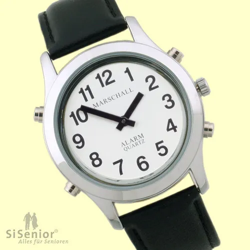 Marschall Deutsch sprechende Herren Armbanduhr I H-SL I Für Blinde, Senioren und Sehbehinderte I Komplette Datumsansage I Extra große Zeiger I Silberfarben mit Lederarmband