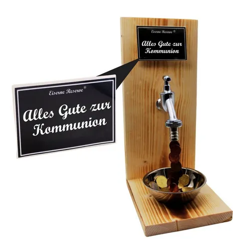 Eiserne Reserve® Geschenkbox zur Kommunion - Geldhahn aus Holz - Überrasche das Kommunionkind mit einem einzigartigen Geldgeschenk! Der Geldhahn aus Holz sorgt für Freude und Lacher, während Münzen „fließen“. Ideal für kreative Geschenkideen und unvergessliche Momente.