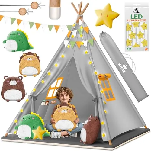 KIDIZ Spielzelt Tipi Zelt für Kinder - Spielzelt für drinnen & draußen, 100x100x160cm, inklusive LED-Lichterkette und Plüschtieren – der perfekte Rückzugsort für Abenteuer und Fantasie!