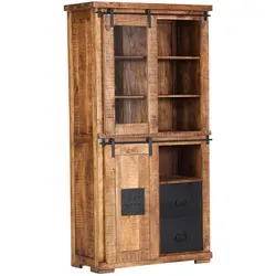 Landscape Vitrine, Natur, Schwarz, Metall, Mangoholz, massiv, 4 Fächer, 2 Schublade(n) Schubladen, 100x190x45 cm, stehend, Holzmöbel, Holzschränke, Vitrinen Holz, Vitrinenschränke Holz