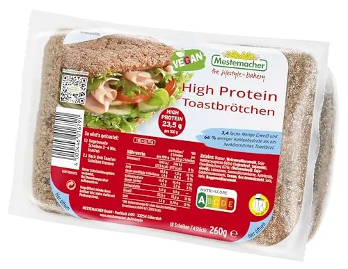 Mestemacher Eiweiß Toastbrötchen 4 Stück geschnitten - Leckere geschnittene Toastbrötchen für ein proteinreiches Frühstück, ideal für bewusste Ernährung und vielseitige Beläge.