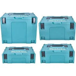 Makita Makpac Set Gr. 1 + 2 + 3 + 4 - Werkzeugkoffer mit praktischen Transportboxen, ideal für die sichere Aufbewahrung und den Transport von Werkzeugen.
