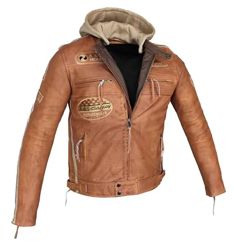 Herren Motorradjacke mit Protektoren & verstellbarer Kapuze - Robuste Lederjacke für Biker, ausgestattet mit herausnehmbaren Protektoren und verstellbaren Seitenteilen. Perfekt für Sicherheit und Komfort auf jeder Fahrt.