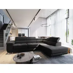 Masseno Ecksofa APIRO R-S mit Schlaffunktion - Schwarz - Ecksofa mit Schlaffunktion und praktischem Stauraum, ideal für Gäste und ein stilvolles Wohnzimmer. Hochwertiger Stoff POSO 135 sorgt für Eleganz und Komfort.