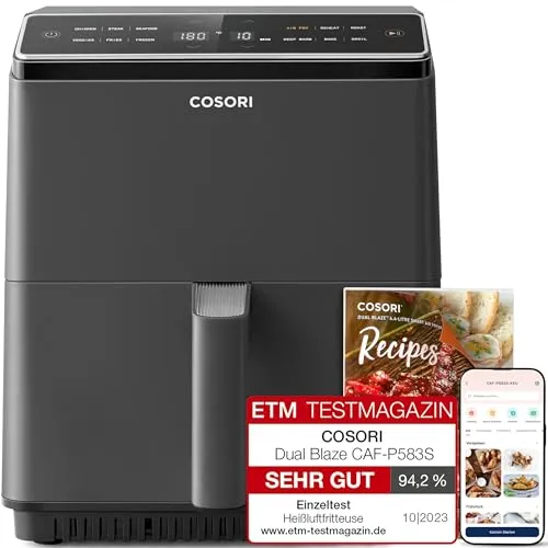 COSORI Heißluftfritteuse XXL, Dual Blaze, 6,4 L - Heißluftfritteuse mit 12 Funktionen und WiFi-Verbindung, reduziert Fett um 85% für gesunde Ernährung und bietet 90+ Rezepte für vielseitigen Genuss.