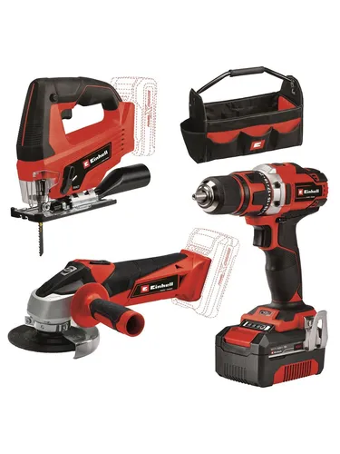 Einhell Akku-Bohrschrauber TE-CD 18 40 Li - Power X-Change Werkzeug-Set mit Akku-Winkelschleifer und Akku-Stichsäge, inkl. 4,0 Ah Akku, Ladegerät und umfangreichem Zubehör