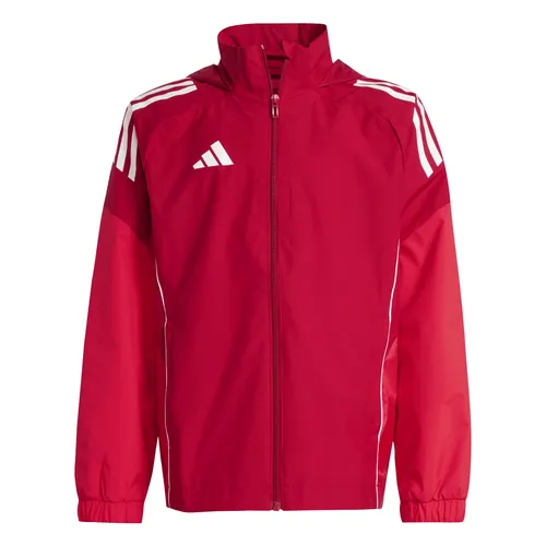 Adidas Tiro 25 Competition Allwetter Jacke Kinder – Rot - Robuste Allwetter Jacke für Kinder von Adidas. Ideal für Training und Freizeit, mit praktischer Kapuze und aus weichem, recyceltem Material gefertigt.