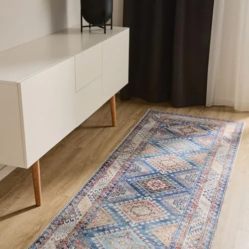 benuta Basic Waschbarer Teppich George - Blau 80x240 cm - Teppich im Vintage-Stil, pflegeleicht und bei 30° waschbar – ideal für Wohnzimmer, Schlafzimmer oder Flur mit Anti-Rutsch-Rückseite für sicheren Halt.