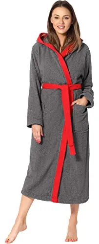 Ladeheid Damen Frottee Bademantel LA40-191 - Dunkelgrau-Rot, M - Bademantel für Damen aus 100% Baumwolle, warm und saugfähig; ideal für gemütliche Abende mit Kapuze und zwei Taschen.