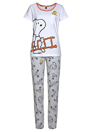Peanuts Damen Pyjama mit Snoopy und Woodstock - Zweiteiliger Schlafanzug aus Baumwolle mit kurzem Shirt und Allover-Print Hose, perfekt für gemütliche Nächte und einen Hauch von Nostalgie.