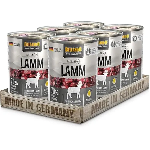 BELCANDO Baseline Nassfutter für Hunde, Lamm, 6X 400g Dose, 70% Fleisch für ausgewachsene Hunde, Hundefutter nass ohne Getreide, Made in Germany