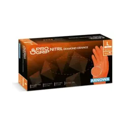 Arnowa PROGRIP Nitril Diamond Orange Einmalhandschuhe, Größe L - Die PROGRIP Nitril Diamond Orange Einmalhandschuhe bieten hohe Strapazierfähigkeit und Feuchtigkeitsabweisung. Ideal für professionellen Einsatz, puderfrei und beidhändig tragbar. 1 Packung = 50 Stück.