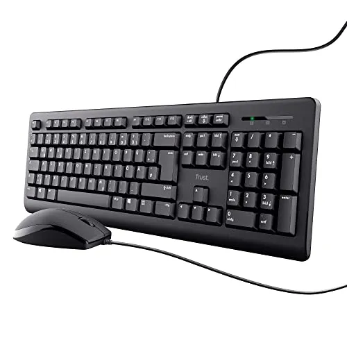 Trust Taro Kabelgebundenes Tastatur und Maus Set – Leise Tasten und spritzwassergeschützt - Maus-Tastatur-Set mit deutschem QWERTZ Layout, ideal für PC und Mac. Genießen Sie leise Tasten und flüssigkeitsgeschützte Tastatur für stressfreies Arbeiten.