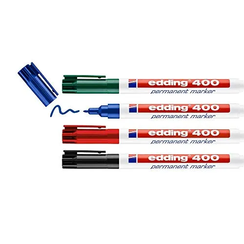 edding 400 Permanentmarker - 4er Set in schwarz, rot, blau und grün, wasserfest und schnelltrocknend für vielseitige Anwendungen auf verschiedenen Oberflächen