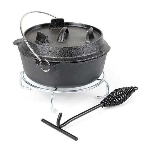 Wiltec Dutch Oven 4l Gusseisen Kochtopf mit Untersetzer und Deckelheber - Robuster 4l Gusseisen-Dutch Oven für vielseitige Kochmöglichkeiten. Ideal für schmackhafte Gerichte und perfekt für den Grill oder im Ofen.