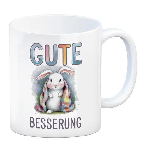 Gute Besserung Kaffeebecher - weißes Kaninchen in einer Decke