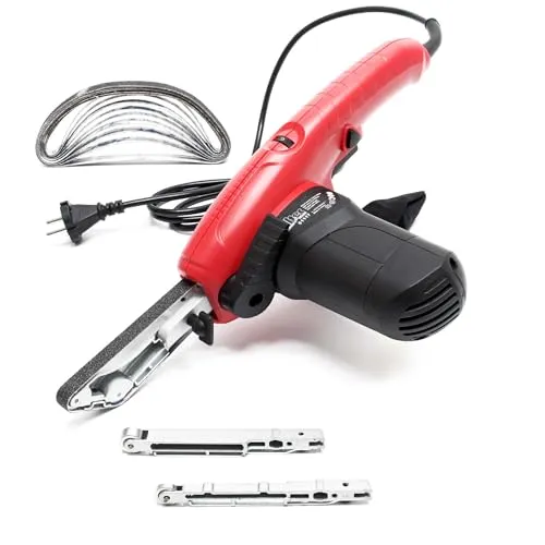 Wiltec Bandschleifer 400 W - Schleifmaschine mit 3 austauschbaren Schleifarmen und 10 Schleifbändern für vielseitige Anwendungen. Ideal für schwer erreichbare Stellen, kraftvoller 400-Watt-Motor für langlebige Performance.