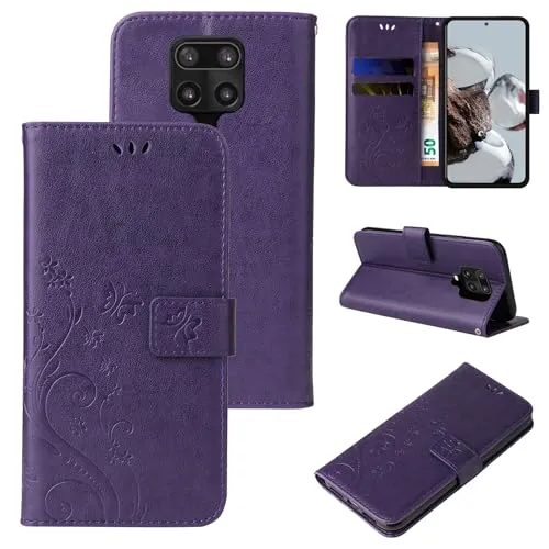 LBH Handy Hülle für Xiaomi Redmi Note 9 Pro Case Handytasche Schmetterling Blumen Flower Standfunktion Schutzhülle Magnet Rundum Schutz 360 Grad Flipcase Cover Violett