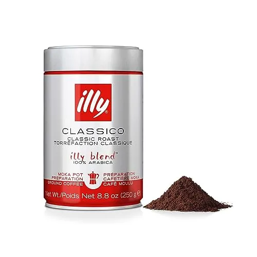 illy Gemahlener Mokka Classic 250 g Dose - Gemahlener Kaffee mit 100 % Arabica, ideal für die Mokka-Kaffeemaschine. Zarte Noten von Orangenblüten und Jasmin, perfekt für milden, samtigen Genuss.
