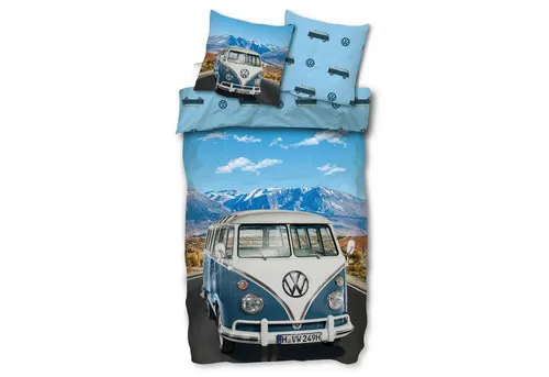 SkyBrands VW Bulli T1 Panorama Bettwäsche - Nostalgische 2-teilige Bettwäsche aus 100% Baumwolle im Renforcé-Design mit ikonischem VW Bulli und Bergmotiv. Ideal für Retro-Fans und zur Verschönerung Ihres Schlafzimmers.
