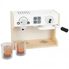 Small Foot Kaffeemaschine Gastro aus Holz - Küchen-Spielzeugset für Kinder ab 3 Jahren, fördert motorische Fähigkeiten und kreatives Rollenspiel mit beweglichem Siebträger und zwei Drehknöpfen.