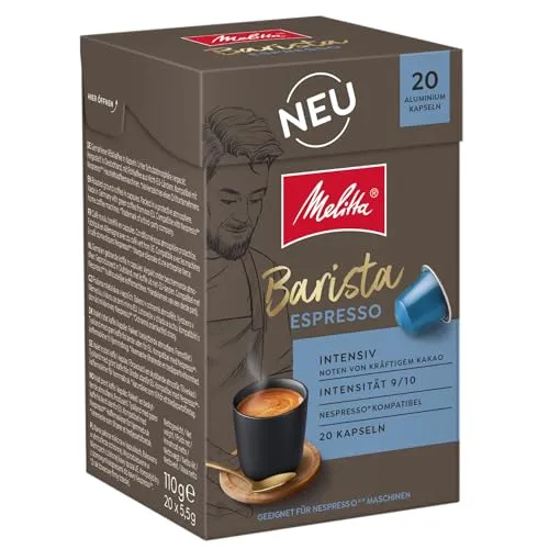 Melitta Barista Espresso Kaffee-Kapseln 20 Stück je 5,5g, gemahlen, in Portionskapseln für Nespresso*-Maschinen, Intensiv, Noten von kräftigem Kakao