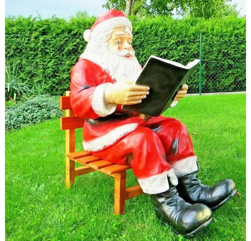 XXL Weihnachtsmann mit Buch und Holz-Stuhl - Lebensgroße Garten-Deko für Weihnachten, aus robustem Resin - bringt festliche Stimmung in Ihren Garten!