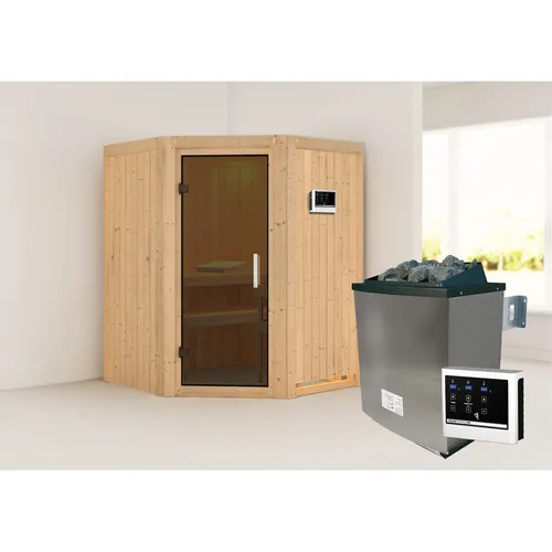 Karibu Sauna "Angel" SET mit 9kW Ofen – Ihre private Wellness-Oase - Genießen Sie entspannende Wellnessmomente in der Karibu Sauna Angel. Mit hochwertiger nordischer Fichte und einfachem Aufbau bietet sie perfekten Komfort auf kleinstem Raum.