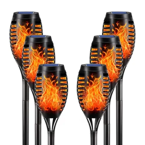 LQWELL® Solarleuchten - 6 Stück Fackellicht mit Realistischem Flammeneffekt - Wegeleuchten für den Außenbereich, wasserdicht und langlebig. Die Solar Fackeln schaffen eine gemütliche Atmosphäre mit tanzenden Flammen und sind ideal für Garten, Terrasse und Partydekoration.