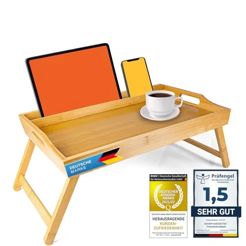 Dimono Frühstückstablett aus Bambus - Stylisches Tabletttisch für Frühstück im Bett oder beim Brunch. Aus nachhaltigem Bambus, klappbare Beine, abwaschbar und platzsparend verstaut.