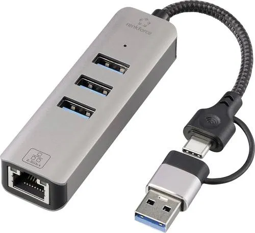 Renkforce RF-6856046 USB-Hub 3 Port USB-A, RJ45 USB 3.2 Gen1 5 GBit/s mit eingebautem Netzwerk-Anschluss Grau RF-EAWH-300