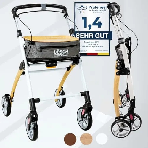 Casa Holzoptik Rollator - Faltbar & Leicht für Innenbereich - Eleganter Indoor-Rollator mit 5-fach höhenverstellbarem Griff, ideal für schmale Flure und kleine Räume. Nur 5,2 kg leicht, bietet er Sicherheit und Komfort für Senioren beim Transport von Alltagsgegenständen.