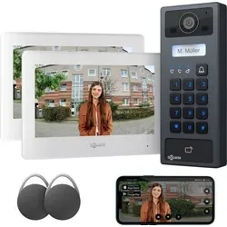 Goliath Basic-Line Video Türklingel mit 2 Monitoren und RFID - Moderne Video Türklingel mit 7 Zoll Monitoren und hochauflösender Kamera. Ideal für einfache Montage und sicheren Zutritt über App, Code oder RFID. Genießen Sie Komfort und Kontrolle in einem.