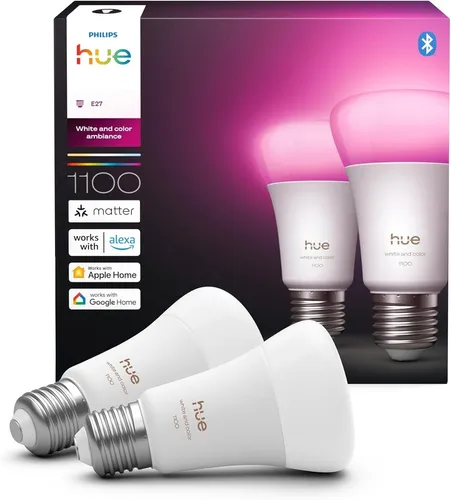 Philips Hue A67 White & Color E27 Doppelpack - 1.100 lm - Leuchtmittel mit 16 Millionen Farben und Bluetooth-Steuerung, ideal für stimmungsvolles Licht zu Hause oder für besondere Anlässe.