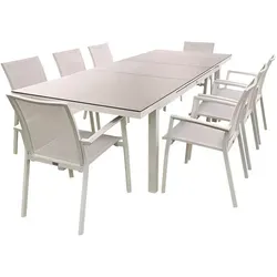 TEICO GROUP Garten-Essgruppe 9-tlg. - Ausziehbarer Tisch mit 8 stapelbaren Stühlen - Essgruppen Set für Garten und Terrasse, modernes Design mit praktischem ausziehbarem Tisch und platzsparenden stapelbaren Stühlen für gesellige Abende im Freien.