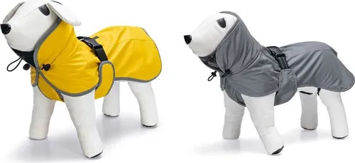 Beeztees Hunde Regenmantel Caro, gelb, 68 cm - Wasserabweisender Hunde Regenmantel mit reflektierenden Details. Fleece-Futter sorgt für Wärme. Einfach anzuziehen mit Druckknopfverschluss und Gummibändern für sicheren Sitz. Ideal für nasse Tage!