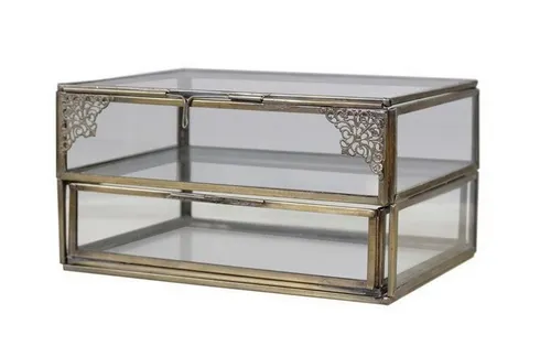 Chic Antique Schmuckkassette - Glasschattule Schmuckkästchen mit 2 Fächern - Schmuckkästen aus Glas, vielseitig einsetzbar als Schmuckkasten oder Utensilien Box. Ein eleganter Blickfang mit 2 Fächern und einem stilvollen Messingrahmen.