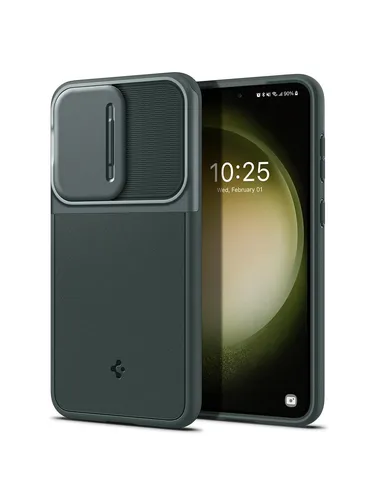 Spigen Optik Armor Hülle für Samsung Galaxy S23 5G - Grün - Standard Handyhüllen mit innovativer Snap Lens Protection Technologie für optimalen Kameraschutz und Doppelschicht aus TPU und Polykarbonat für maximale Sicherheit.