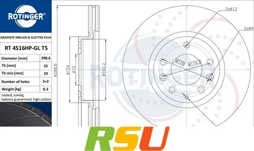 Rotinger Bremsscheibe GRAPHITE DRILLED & SLOTTED PLUS RT 4516HP-GL T5 - Bremsscheiben mit optimierter Kühlung und Bremsleistung, ideal für sportliche Fahrweise und verbesserten Grip.