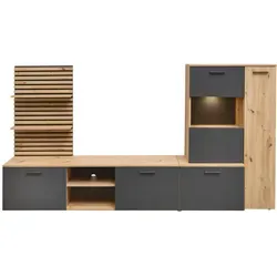 HBZ Meble Wohnwand HEATHROW, 4-teilig - Elegante Wohnwand in Artisan Eiche Dekor und Anthrazit, inklusive LED-Beleuchtung für stimmungsvolle Akzente. Ideal für stilvolle Wohnräume, Maße: B 250 x H 135 x T 38 cm.