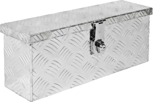 Trucky Anhänger-Deichselbox D015 – Robuste Aluminium Werkzeugkiste - Transportboxen für Werkstatt, Hobby oder Garten. Die verschließbare Alubox bietet Sicherheit und Langlebigkeit mit verschweißten Kanten. Maße: 50 x 14 x 20 cm, inklusive Schlüssel und Ersatzschlüssel.