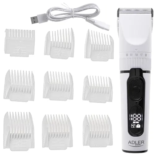 ADLER EUROPE AD 2839 Haarschneidemaschine - Haarscherer mit IPX6 wasserdichtem Design und langlebigem Titankopf mit Keramikklinge für präzises Styling. 2000mAh Akku für kabellosen Komfort und 6 Kammaufsätze für individuelle Looks.