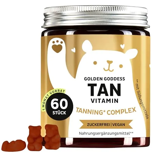 Golden Goddess Tanning Gummies - Bräunungsbooster & Sonnenschutz - Lutein, Astaxanthin, Vitamin C, E, Beta-Carotin, Calcium & Kupfer - 60 Stück (1 Monat) - Zuckerfrei, Vegan - Bears with Benefits​