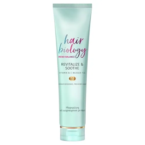 Hair Biology Meno Balance Pflegespülung 160ml - Haarspülung speziell für dünner werdendes Haar und trockene Kopfhaut. Mit Pro-V, Vitamin B3 und weißem Tee für Feuchtigkeit und Glanz – ideal in den Wechseljahren.