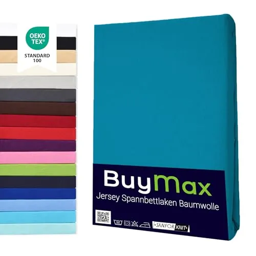 Buymax Spannbettlaken 100x200cm Baumwolle 100% Spannbetttuch Bettlaken Jersey, Matratzenhöhe bis 25 cm, Farbe Petrol