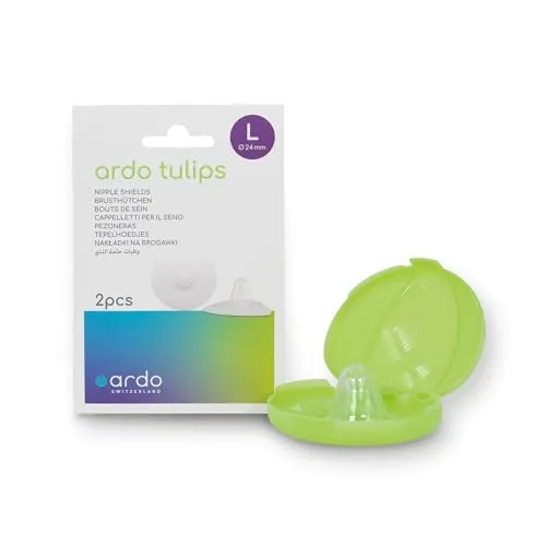 Ardo TULIPS Stillhütchen aus weichem Silikon in 3 Größen, 2 Stück Größe L (24 mm) mit Box, weicher Schaft, frei von BPA BPS & Latex, Brusthütchen Brustwarzen Brusthauben Brust Hütchen zum Stillen