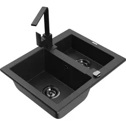 Mexen Carlos 1,5-Becken-Granitspüle mit Mischbatterie Rita, Schwarz/Silbermetallic - Elegante Mexen Carlos Granitspüle mit 1,5 Becken und Mischbatterie Rita. Ideal für moderne Küchen, bietet sie vielseitige Nutzungsmöglichkeiten und überzeugt mit ihrem stilvollen Design.